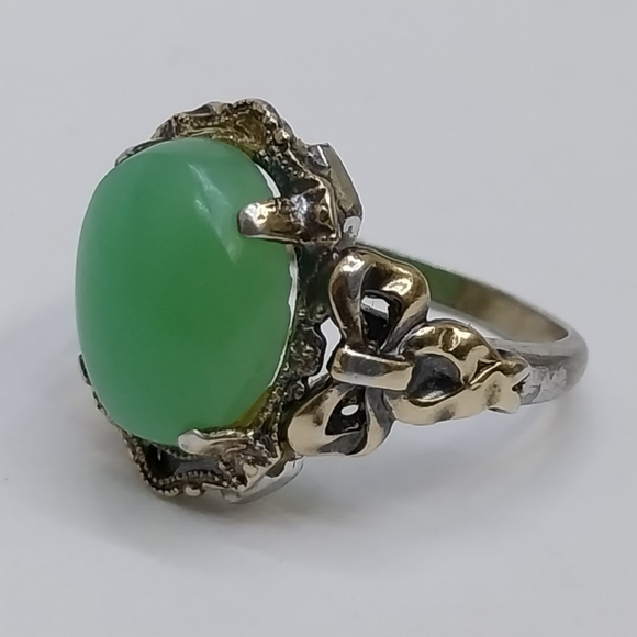 Antique Art Nouveau Clark Cloombs Chrysoprase Cabochon Ring Sterling 10K 5.5 - Picture 4 of 9